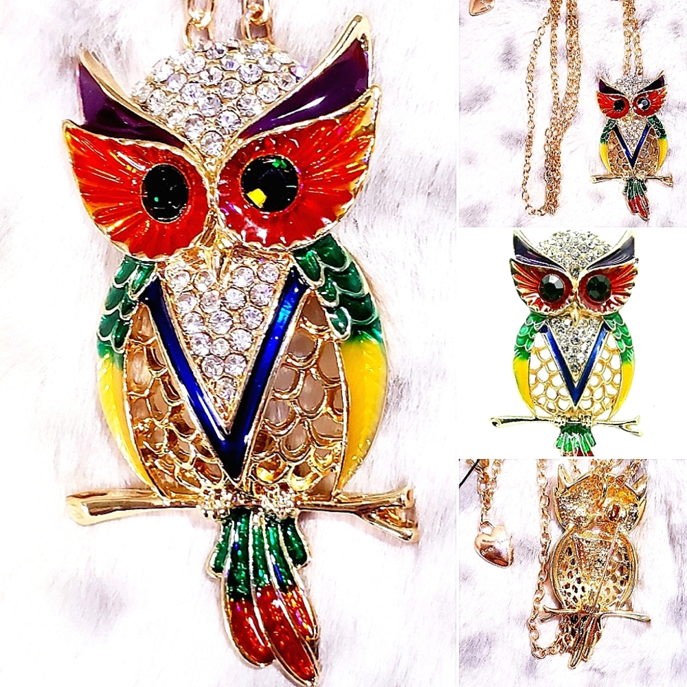 Gold red yellow-green black-and-white crystal owl necklace brooch